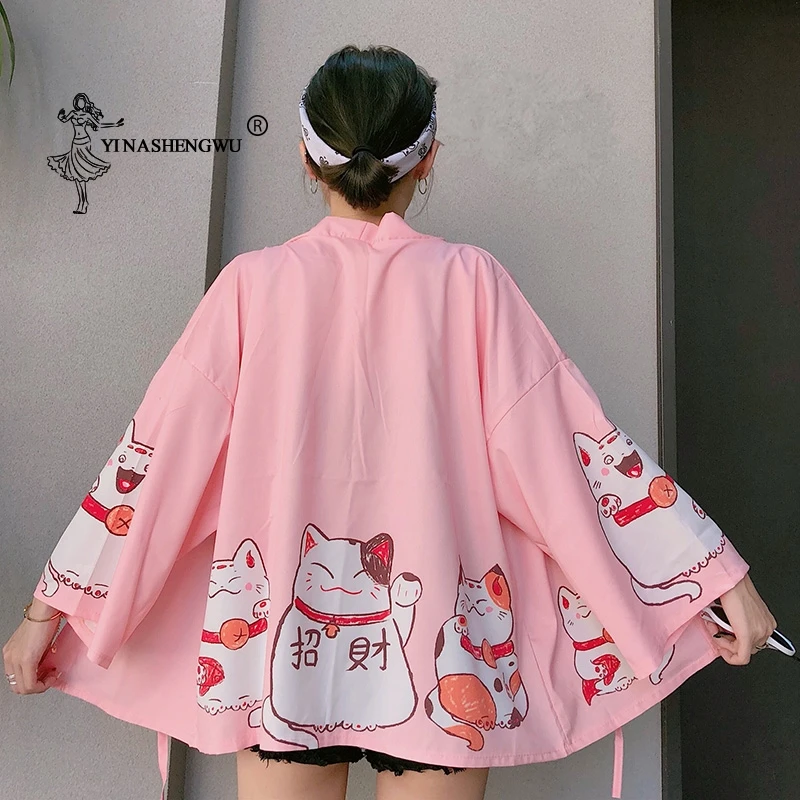 

Japan Cat Print Kimono New Cardigan Female Loose Shirt Tops Casual Kimonos Coat Yukata Women Kimonos Harajuku Asian Clothing