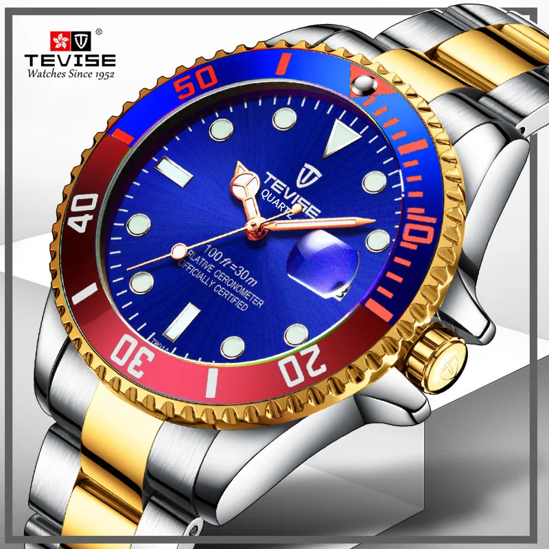 

Swiss Tevise Men's Water Ghost Quartz Watch Sports Luminous Steel Belt Business Formal Wear Men's Diving Watch