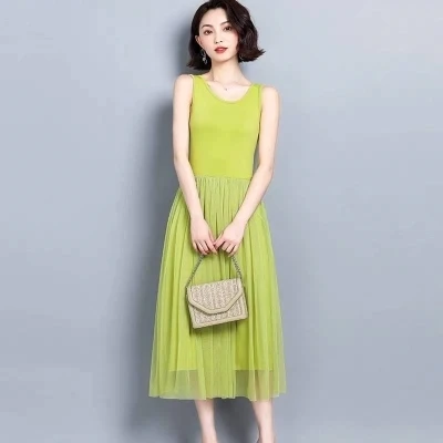 

2020 summer fashion vest stitching mesh dress female length vestidos de mujer Vintage Polyester Cotton Sleeveless