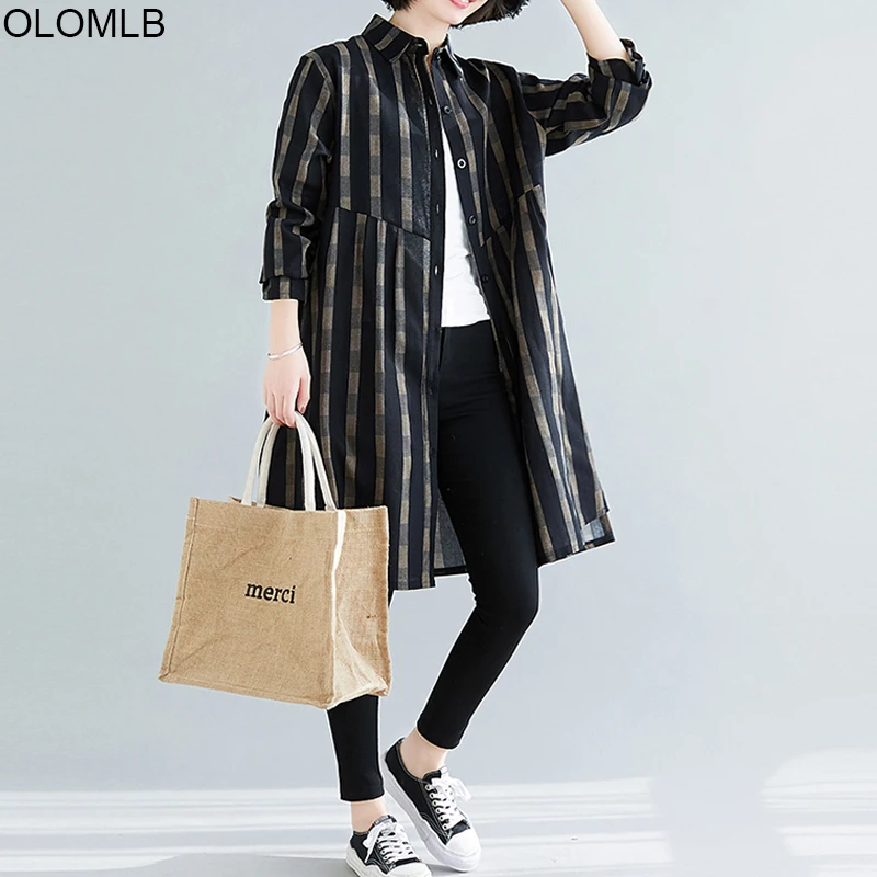 2020 черная хлопковая льняная Клетчатая блуза с длинным рукавом размера плюс