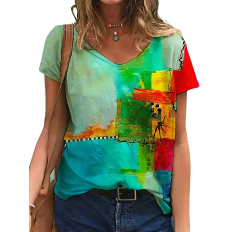 

Women Tshirts 2021 Ladies Women V Neck Short Sleeves 3D Printed Casual T-Shirts Tops Female Clothes