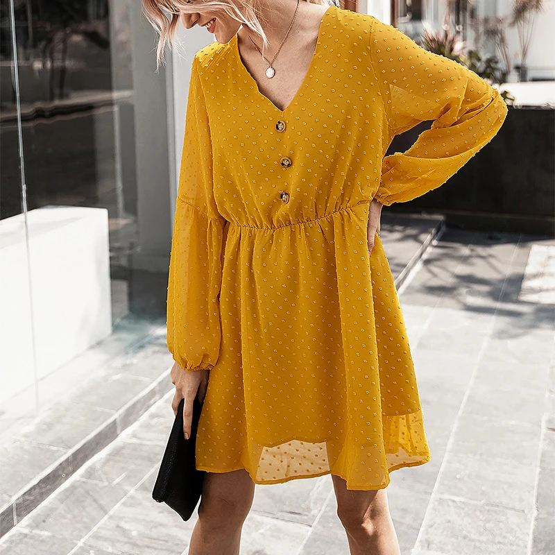 

Elegant Women Long Sleeve Office Dress Female High Waist Short Dress Ladies V-neck Button Decor Dress for OL Vestidos