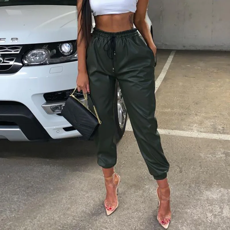 

HAOOHU 2020 new women's faux leather pants fashion trends casual solid high waist loose slim PU Calf-Length pencil pants