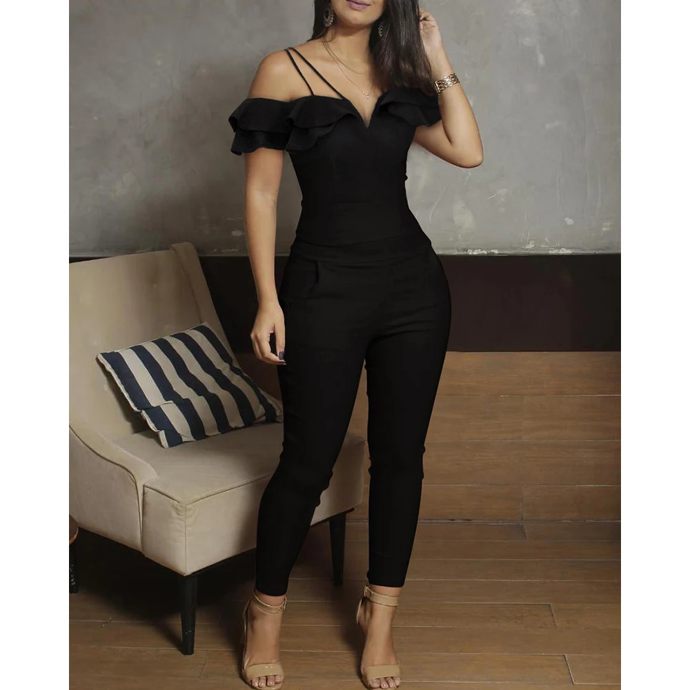 

Women Jumpsuits Black Solid Gothic Spaghetti Strap Sleeveless V-Cut Ruffles Slim Autumn Spring Female Elegant Party Rompers