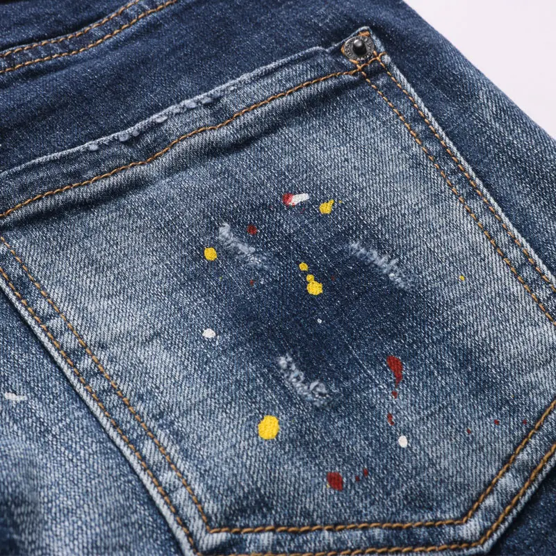 European Street Fashion Men Jeans High Quality Retro Blue Slim Fit Ripped Jeans Men Painted Designer Hip Hop Denim Punk Pants