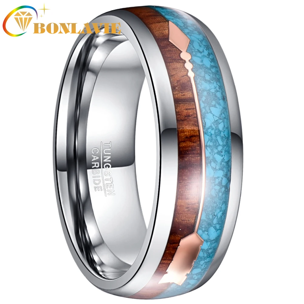 

BONLAVIE 8mm Silver Color Tungsten Wood Rings For Men Jewelry Blue Opal Wood Men Engagement Couple Promise Rings