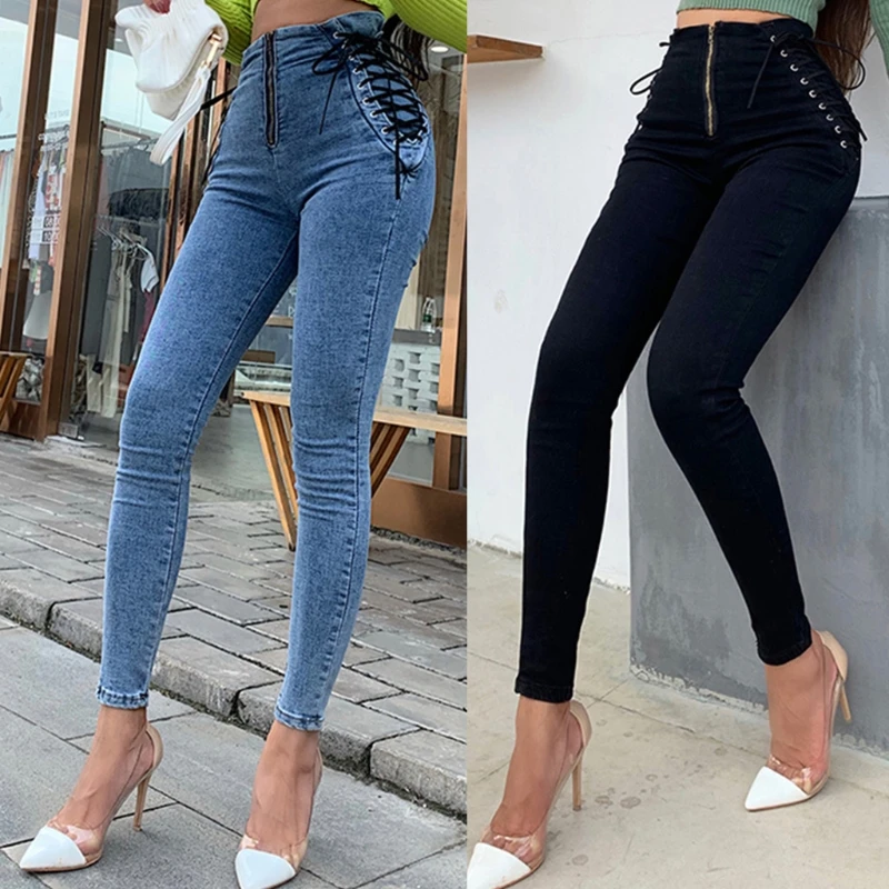 

Women Sexy High Waist Zipper Skinny Jeans Side Cross Lace-Up Bandage Long Denim Pencil Pants Slim Stretch Trousers