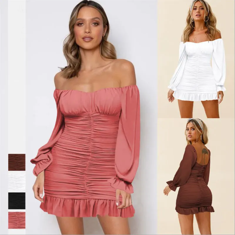 

Горячая Распродажа, новое осеннее женское платье, наряд, сексуальное плиссированное платье-стрейч с воротником-лодочкой, женская одежда дл...