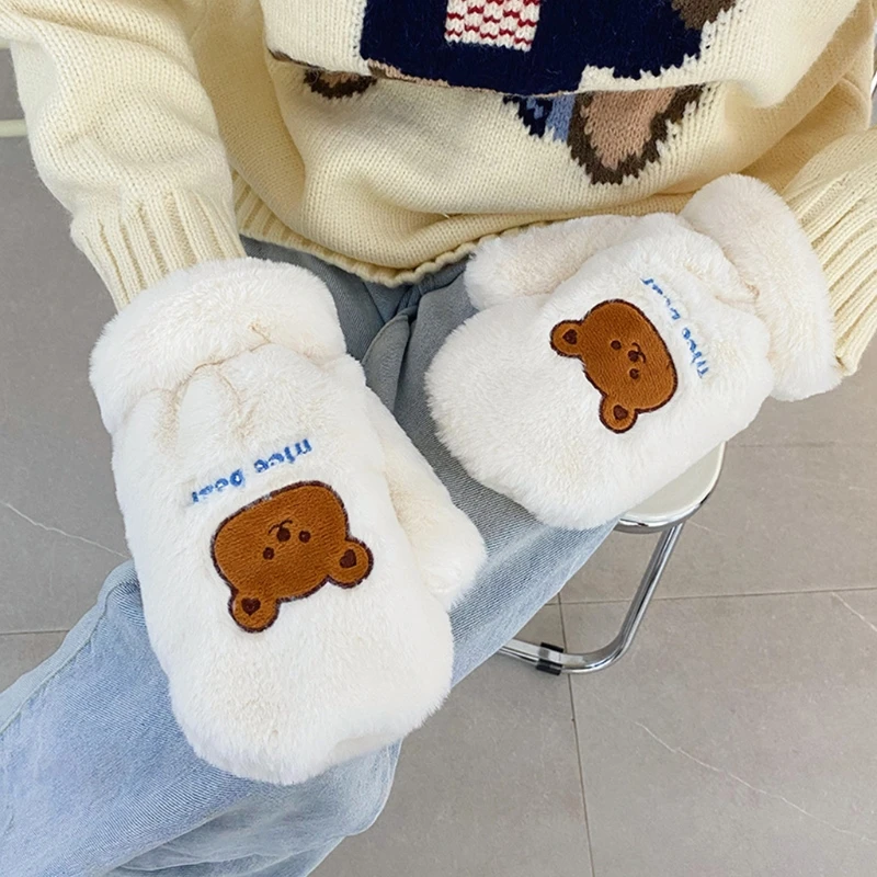 

Plush Cartoon Bear Mittens Cute Fluffy Animal Gloves Winter Warm Gloves for Outdoor Sports Non Slip Full Finger Mittens