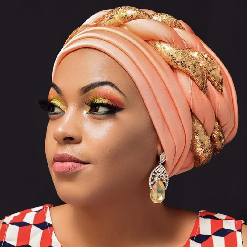 

Shinning Sequins African Hat Nigerian Wedding Geles Women's Head Wraps Ready to Wear Auto Gele Muslim Braid Turban Bonnet