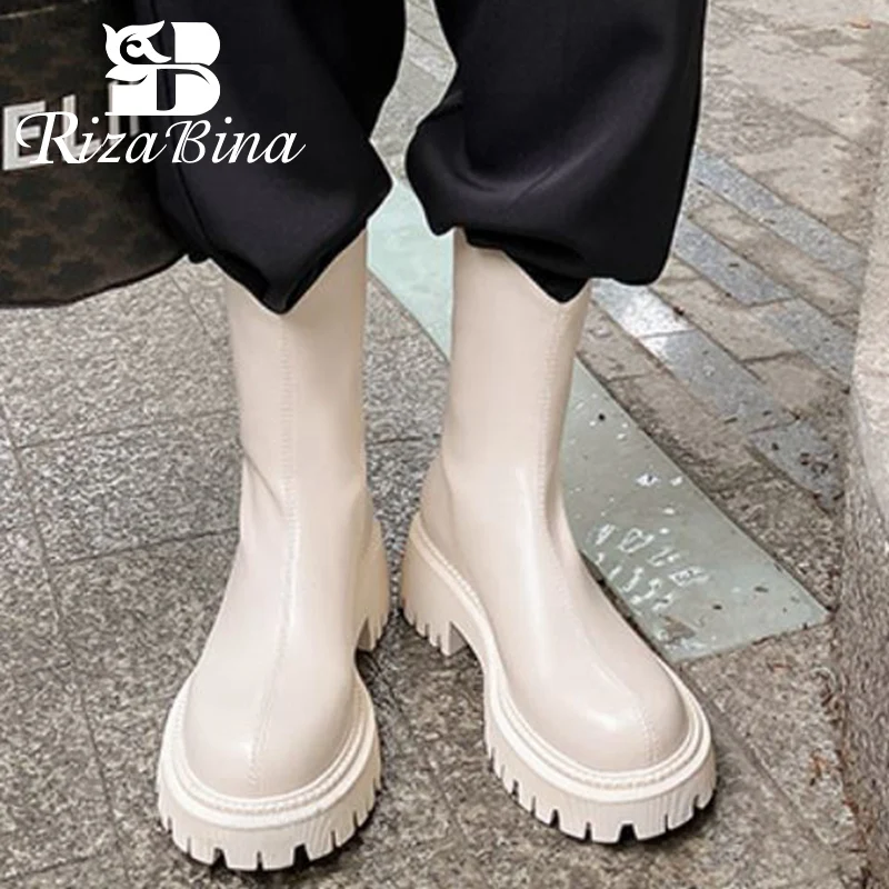 

RIZABINA Real Leather Women Ankle Boots Shoes Thick Heels Short Boot Cool Outdoor Casual Winter Ladies Footwear Size 34-40