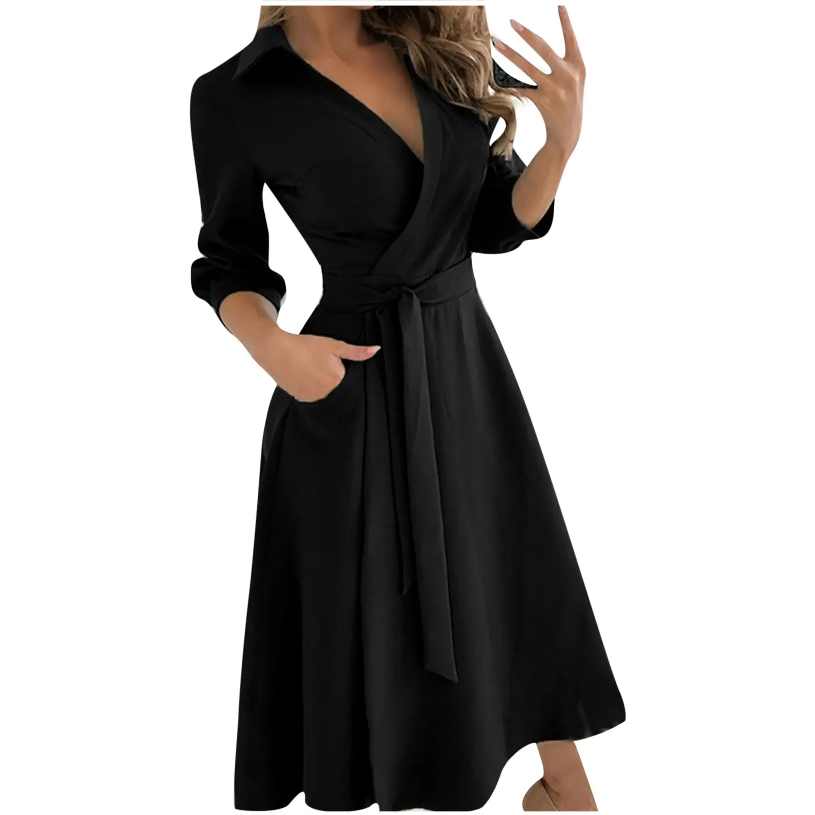 

Woman Casual Fashion Loose Solid Color Shirt Dress Lapel Bandage Half Sleeve V-Neck Ankle-Length Dress Female Ladies Summer One