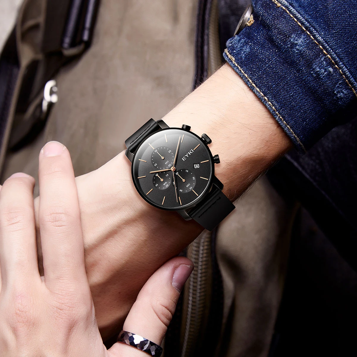 EYKI мужские часы с календарем кожаный ремешок ультратонкие водонепроницаемые