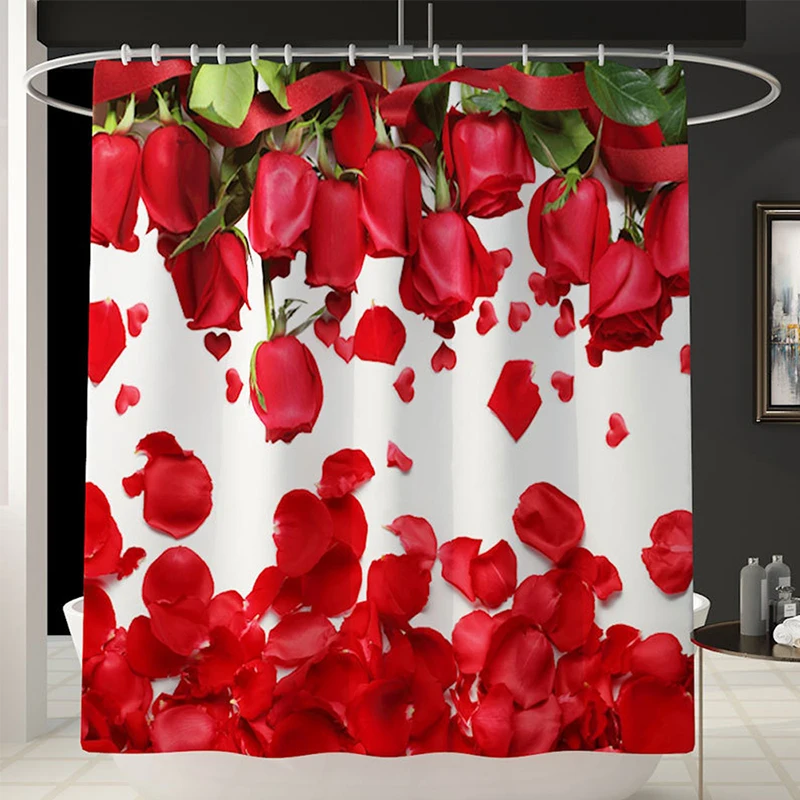 

4pcs Red Rose Pattern Shower Set Rugs Non-slip Toilet Seat Cover Flower Bath Mats Curtain Polyester bathroom rug set