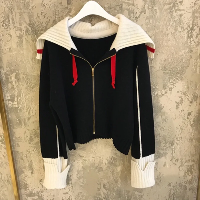 

Женский вязаный кардиган на молнии, свитер с большими лацканами и длинным рукавом, куртка для студентов, весна-осень 2021