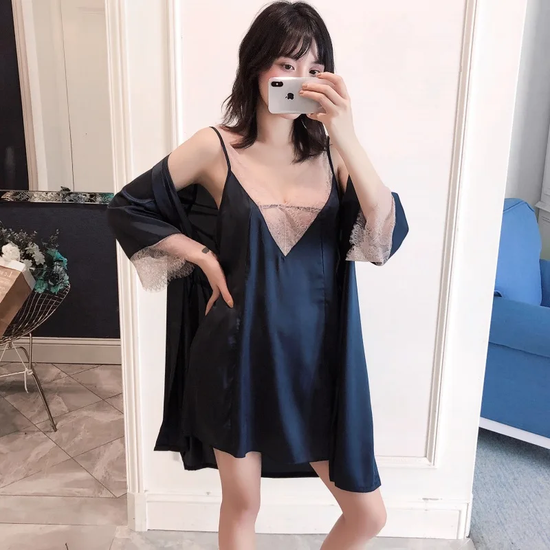 

Two-piece Solid Nightgown Spring And Summer New Ladies Sexy Pajamas Lace Princess Mini Dress And Robe Nightdress Nightgown