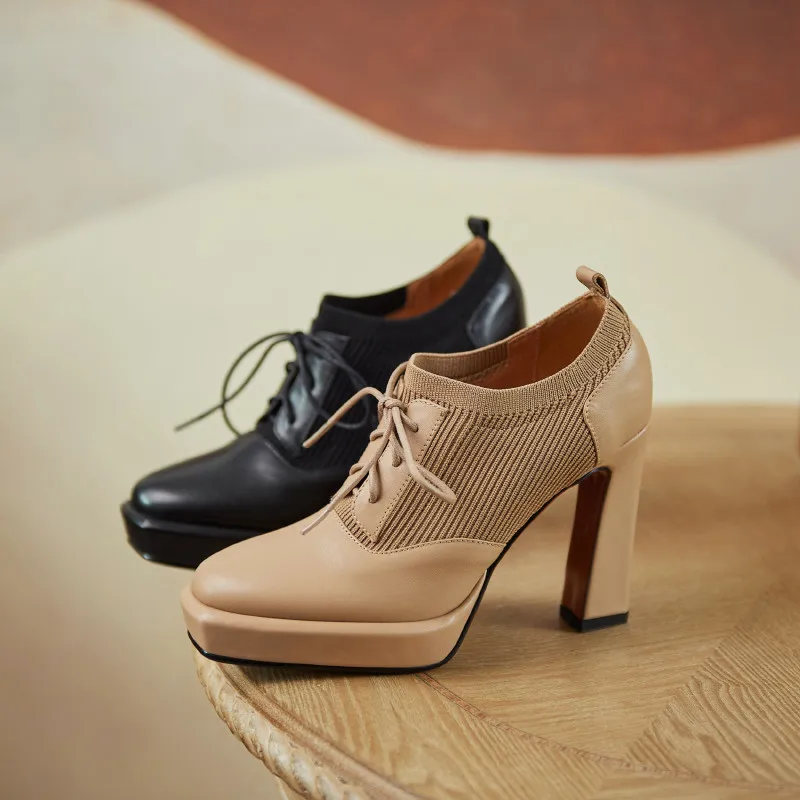 

Asumer Hot Sale Genuine Leather Shoes 2021 Women Pumps Lace Up Fashion Brand Single Shoes High Heels Platform Shoes Ladies