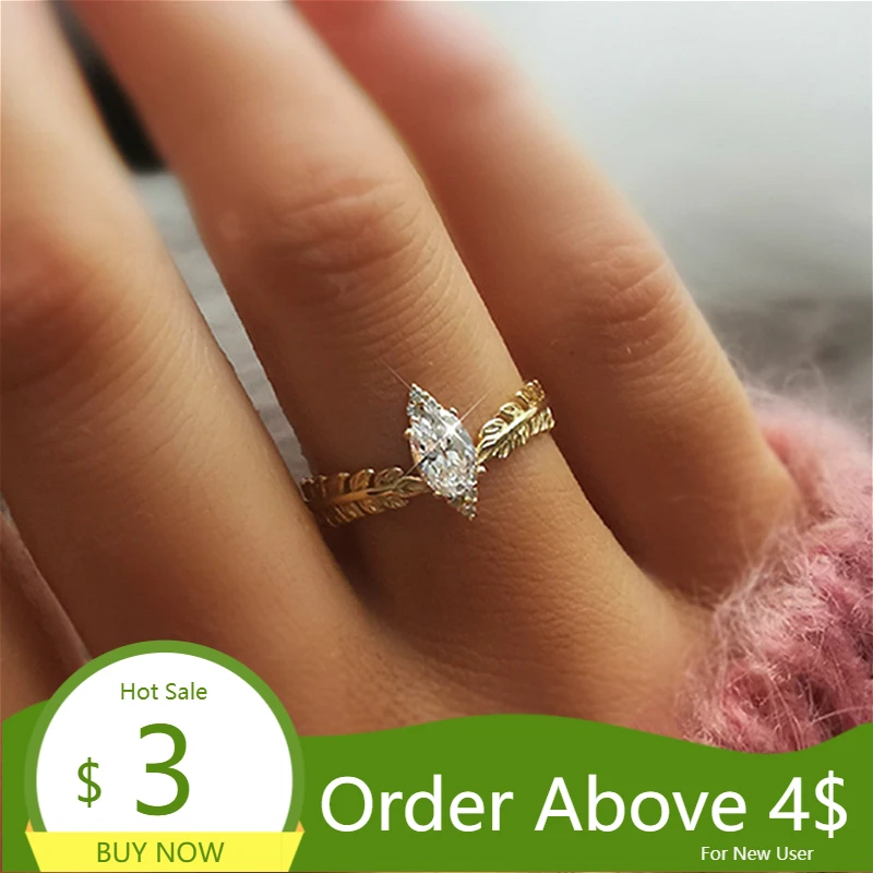 

Visisap Unique Gold Color Leaf Crown Marquise Zircon Engagement Rings for Women Sweet Cute Simple High Quality Wedding Ring F146