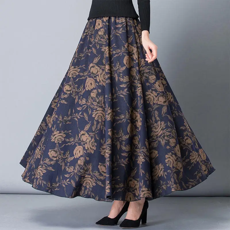 Autumn Winter Skirts Womens Elegant Faldas Loose Long High Waist Pleated Skirt Female Streetwear Print Vintage Skirts Saia Q4629