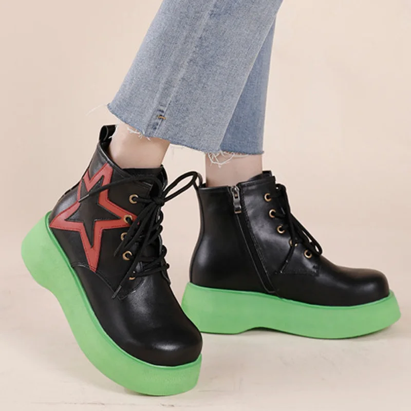 

Autumn Winter Warm Shoes for Women Boots 2022 New Genuine Leather Round Toe Mixed Colors Handmade Concise Retro Platform Boots