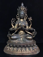 18tibet temple old bronze lacquer cinnabar 4 arm guanyin bodhisattva statue sitting on the lotus platform enshrine the buddha