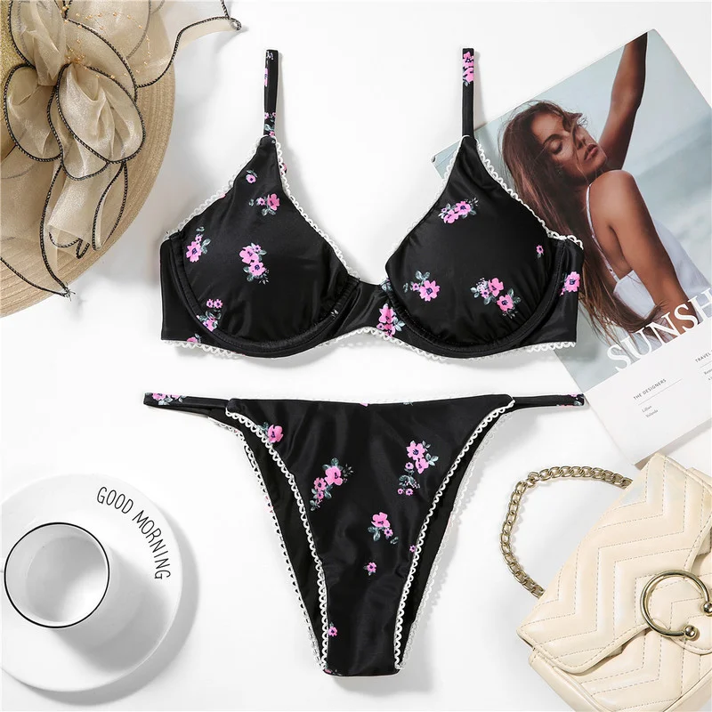 

Summer Backless Biqiuni New Swimsuit ELAN MILRE Sexy Underwire Push Up Bikini Set Retro Print Bathing Suit Thong Swimwear
