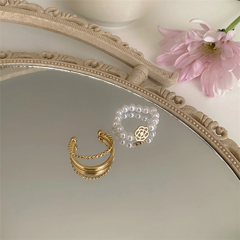 

Two-Piece Pearl Ring 2021 New Tide Small Finger Ring Women Jewelry Gift the Design Feeling Flowers