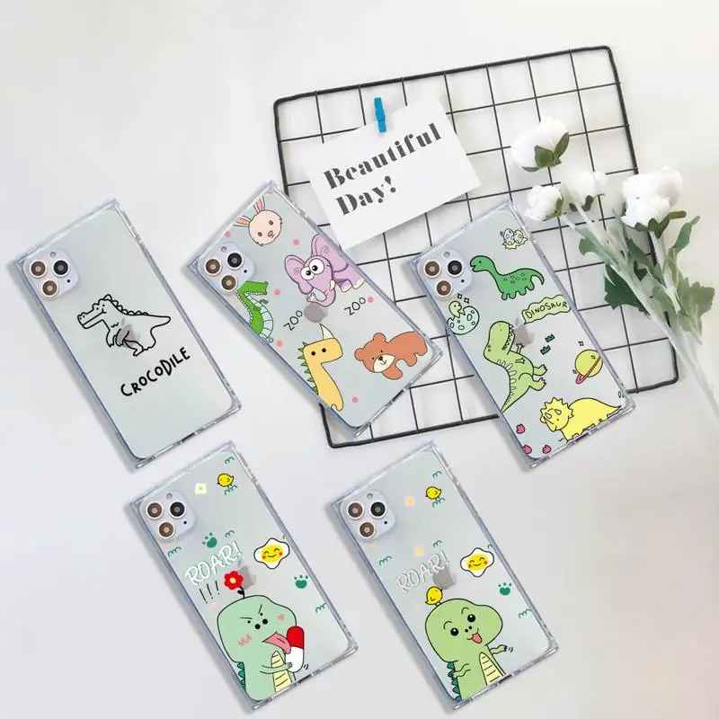 

Creative cute dinosaur Phone Case For iPhone 7 8 11 12 X XS XR MINI Pro Max Plus Clear Square Transparent