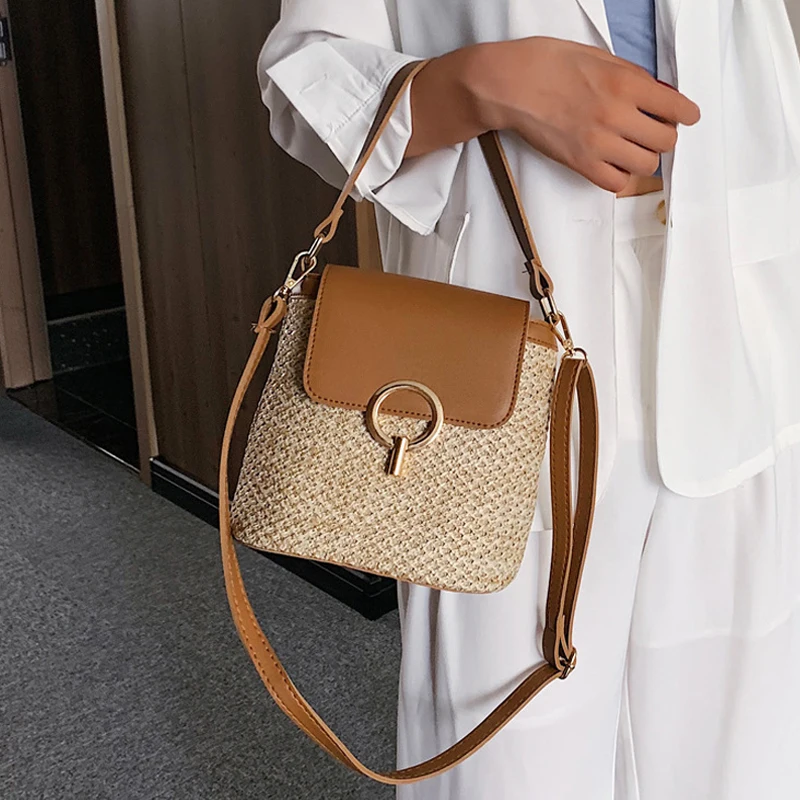 

Small Straw Bucket Bags For Women 2021 Summer Crossbody Bags Lady Travel Purses and Handbags Female Shoulder Messenger Bag Bolsa