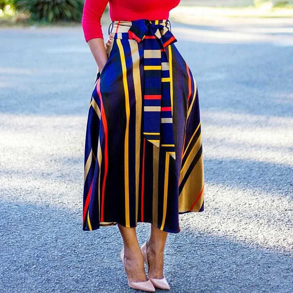 

Women Striped Skirt Fashion Slim Bottoms Lace Pocket Western Style Street Style African Office Lady Plus Size 2021