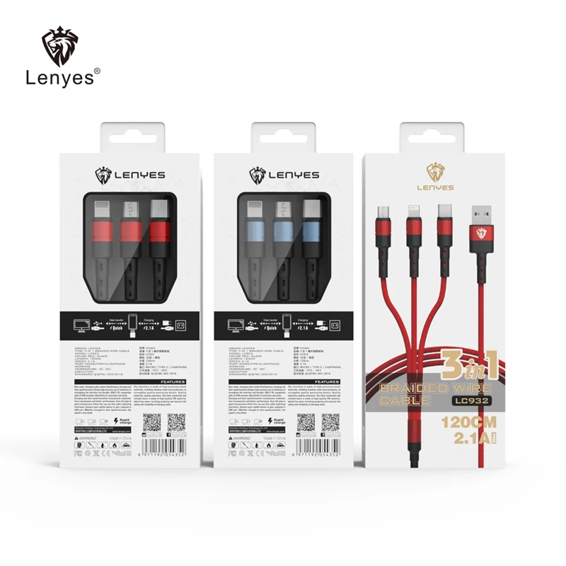 Lenyes 3 в 1 USB кабель 120 см для мобильных телефонов Micro V8 type C зарядные устройства линия