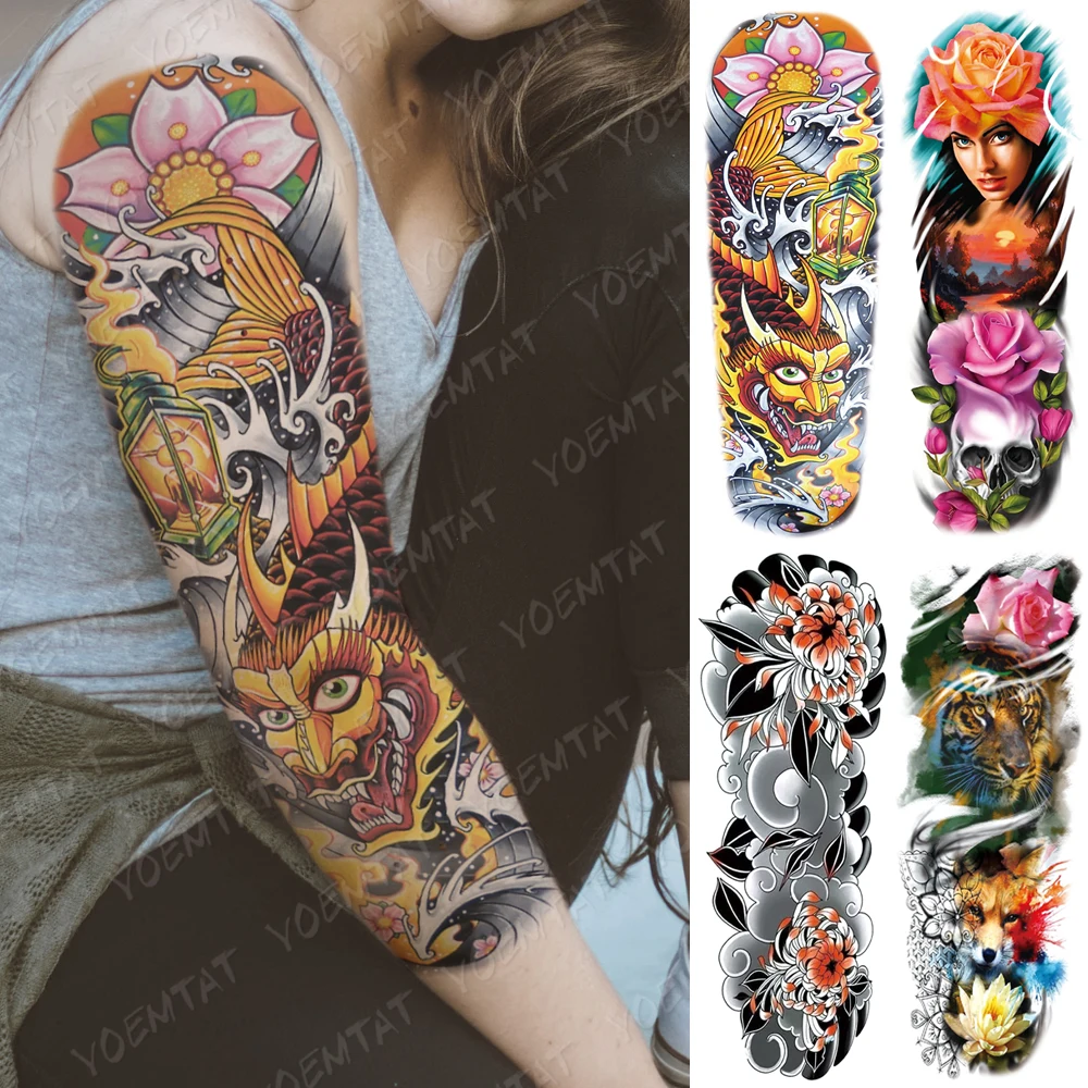 

Large Arm Sleeve Tattoo Mask Rose Poker Waterproof Temporary Tatto Sticker Lights Waves Body Art Full Fake Tatoo Women Men