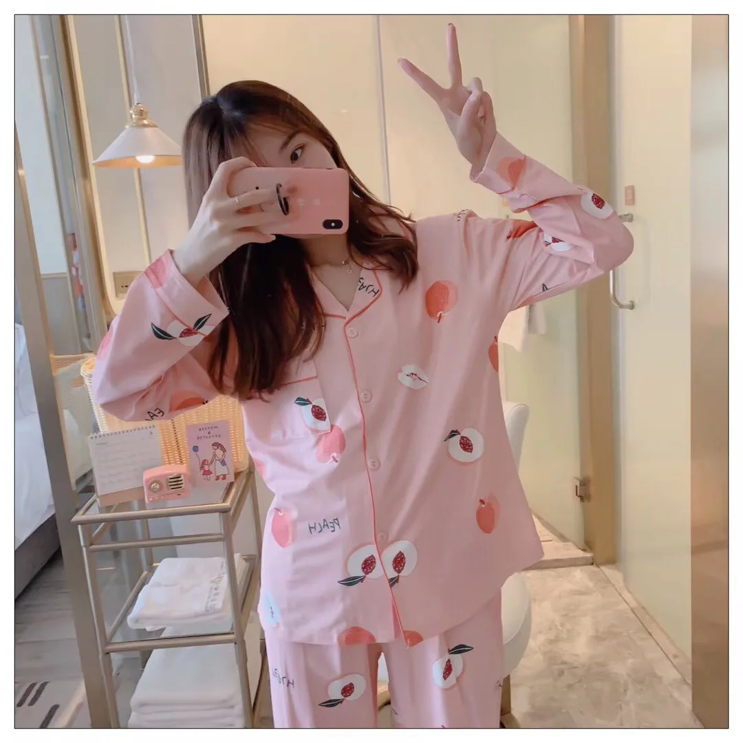 Women's Pajamas Spring Autumn Korean Long Sleeve Nightgown Cardigan Cartoon Leisure Nightwear Home Suit Sleepwear Sleep Wear