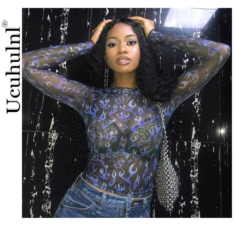 Casual Blue Flame Printing T Shirt Female Autumn Streetwear Long-sleeved Round Neck Crop Top Gothic Tee Women Clothes 2021 | Женская