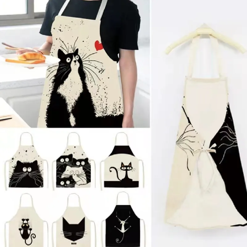 

1pcs Cartoon Cat Printed Apron Sleeveless Cotton Linen Home Kitchen Cleaning Funny Clothes Christmas Gifts New Year 2022 Decors