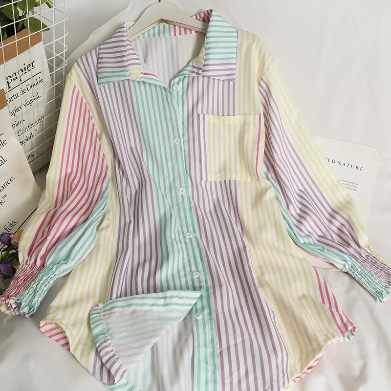 

2022 New Autumn Temperament Blouse Female Lapel Long-sleeved Blusa Color Vertical Stripes Mid-length Loose Shirt DF676