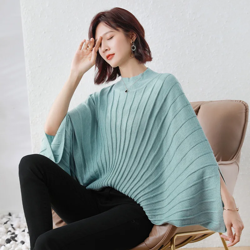 

Womens Sweaters Blouse Round Neck Pullover for Fall/winter 2021 New Jacquard Pure Color Vertical Pit Strip Loose Wool Bat