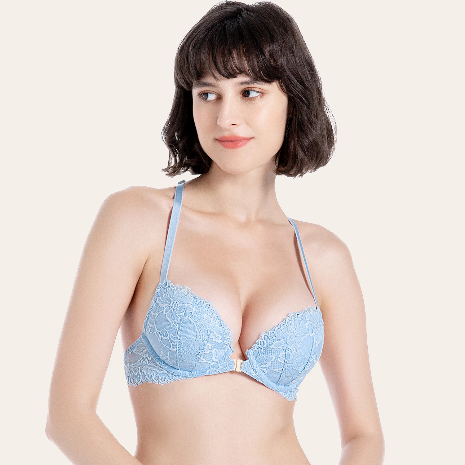 Wingslove Women Front Closure Lace Bra Push Up Underwired Lingerie Beaty Back Underwear