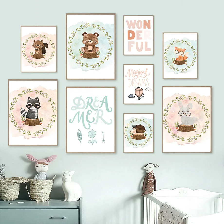 

Squirrel Rabbit Raccoon Fox Bear Hedgehog Leaf Nordic Posters And Prints Wall Art Canvas Painting Wall Pictures Kids Room Decor