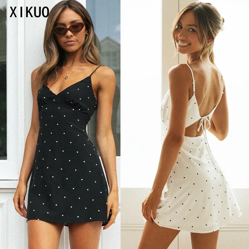 

Fashion Suspenders Black and White Polka Dot Wild V-neck Halter Strap Sexy Mini Dress Temperament Short Skirt