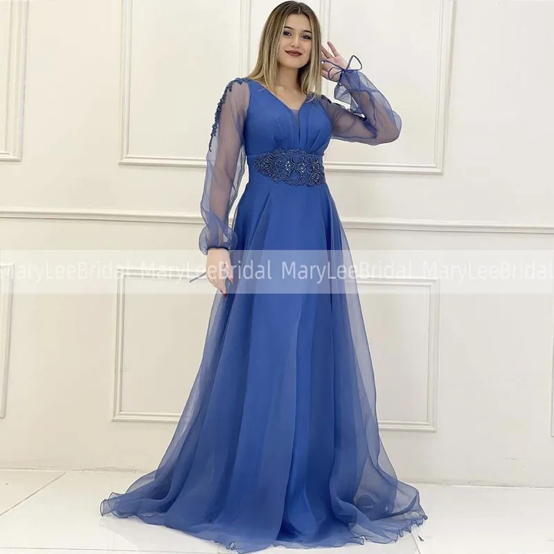 

V-Neck Blue Prom Dresses With Long Illusion Puff Sleeve Beaded Applique A-Line Long Prom Gowns Zipper Back Vestidos De Fiesta