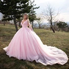Бальное платье с длинным рукавом, платья для Quinceanera, розовое милое платье 15 16, платье принцессы со шлейфом для часовни, вечерние платья, бальное платье