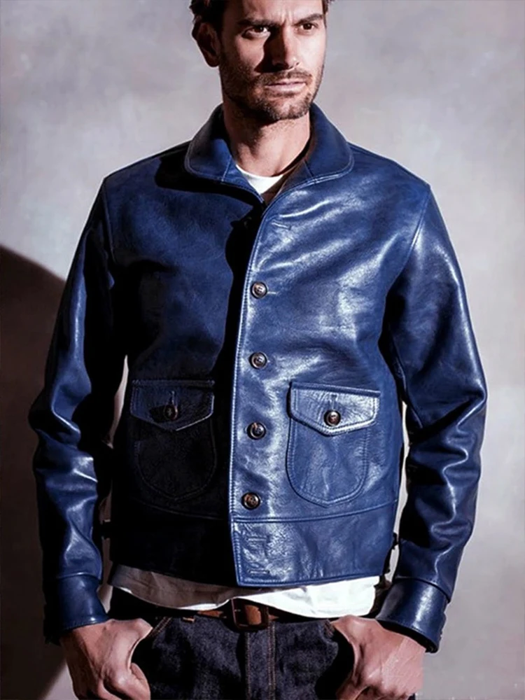 

leather Italy oil Genuine wax blue Japan cowhide retro Amekaji real leather man thickness cow leather jackets Motorcycle Jacket