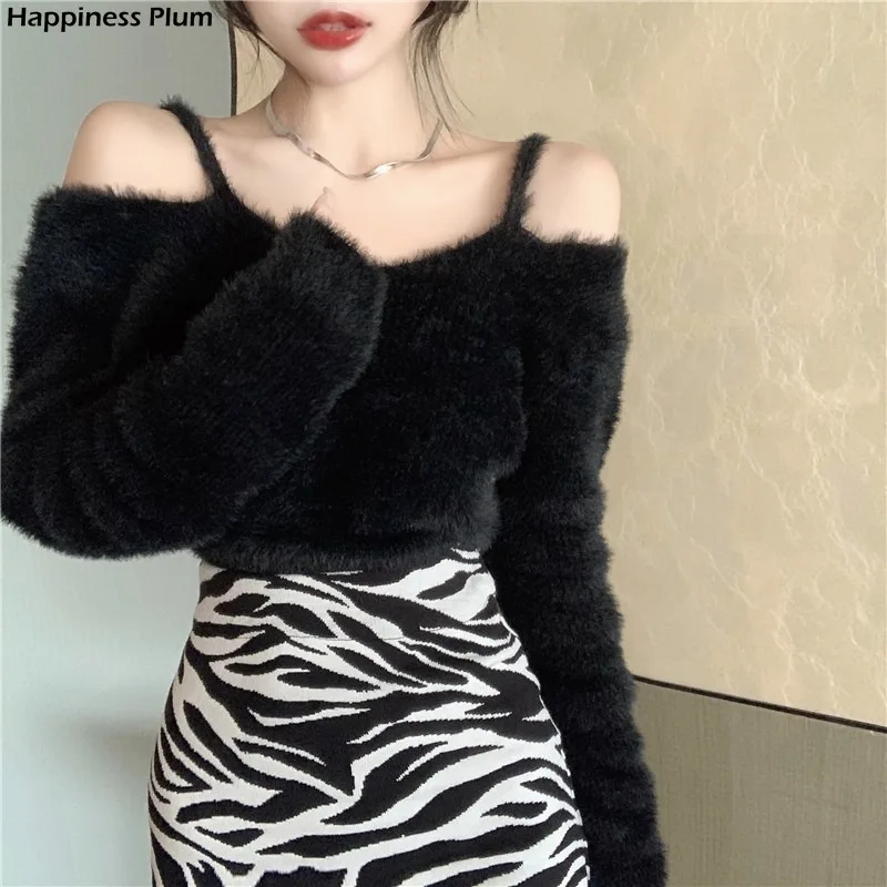 

Spring and Winter New Long Sleeve Sexy Off Shoulder Black Mink Fur Sweater All Match Short Design Knitwear Tops