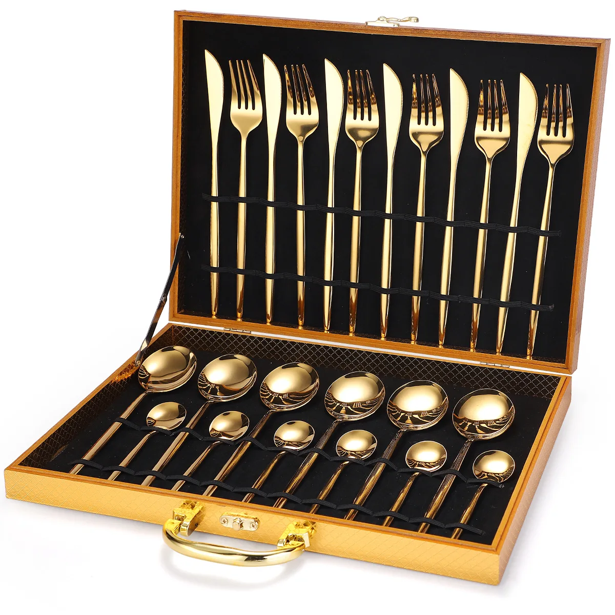 

Popular Products Stainless Steel Tableware 24 Piece Suit Wooden Box Gift Box Portuguese Knife, Fork and Spoon 6 People Gold