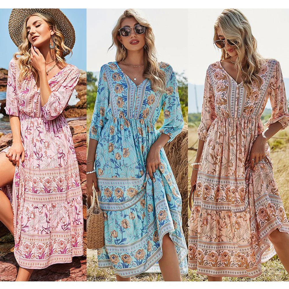 

V Neck Bohemain Long Dress Summer 2021 High Waist 100% Cotton Dresses Floral Print Chic French Dress for Women Robe Vestido