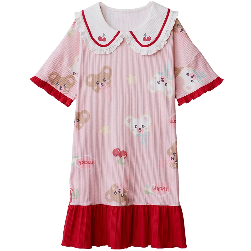 

Summer Korean Version Of Cute Ladies Doll Collar Casual Soft Outdoor Sleepwear Kawaii Cute Sweet Big Girl Cotton Pajamas Suit