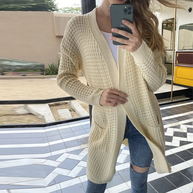 

Women's Sweater Oversized Knitted Cardigan Autumn Hollow Long-sleeved Pocket Sweaters Female 2021 Causal Office Lady Cardigans
