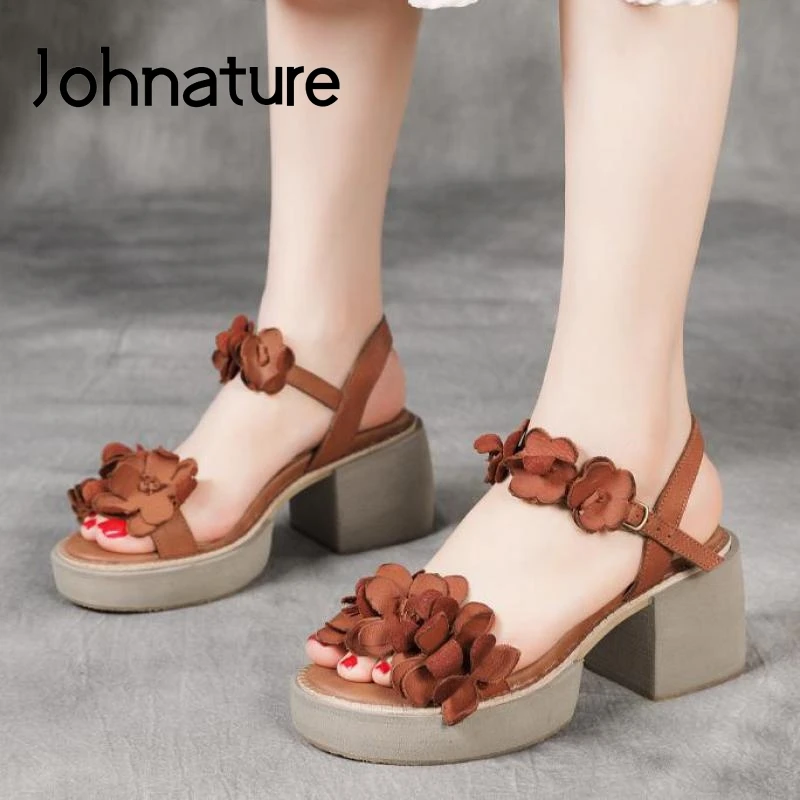

Johnature Shoes Women Sandals Genuine Leather Buckle Strap Floral Retro Handmade High Heels Concise Leisure Platform Sandals