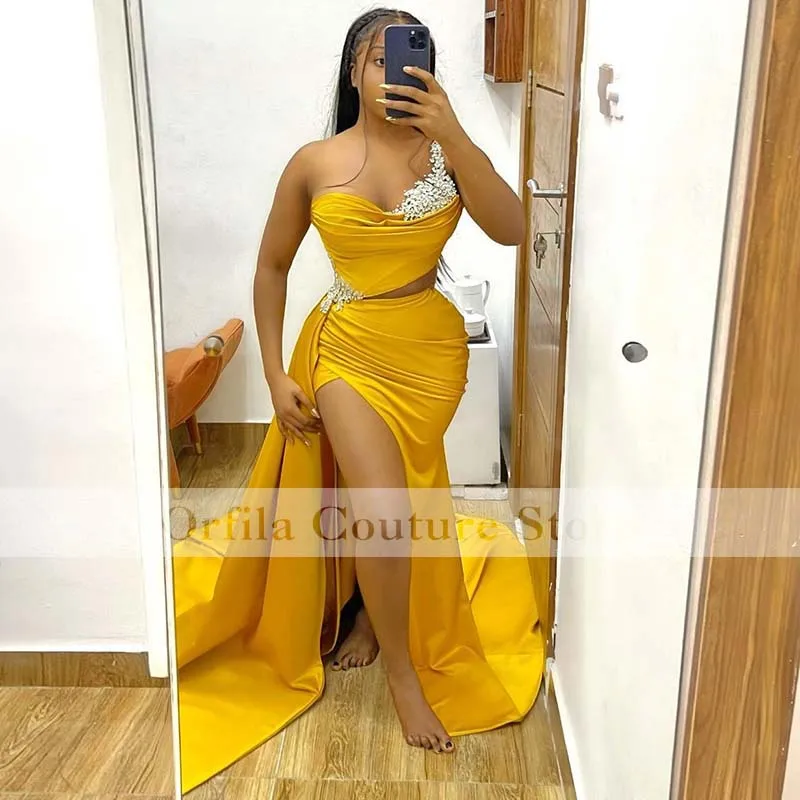 

Sexy One Shoulder Prom Dress Mermaid Split Beads African Long Women Evening Gowns Crost Back Formal Party Vestidos De Novia